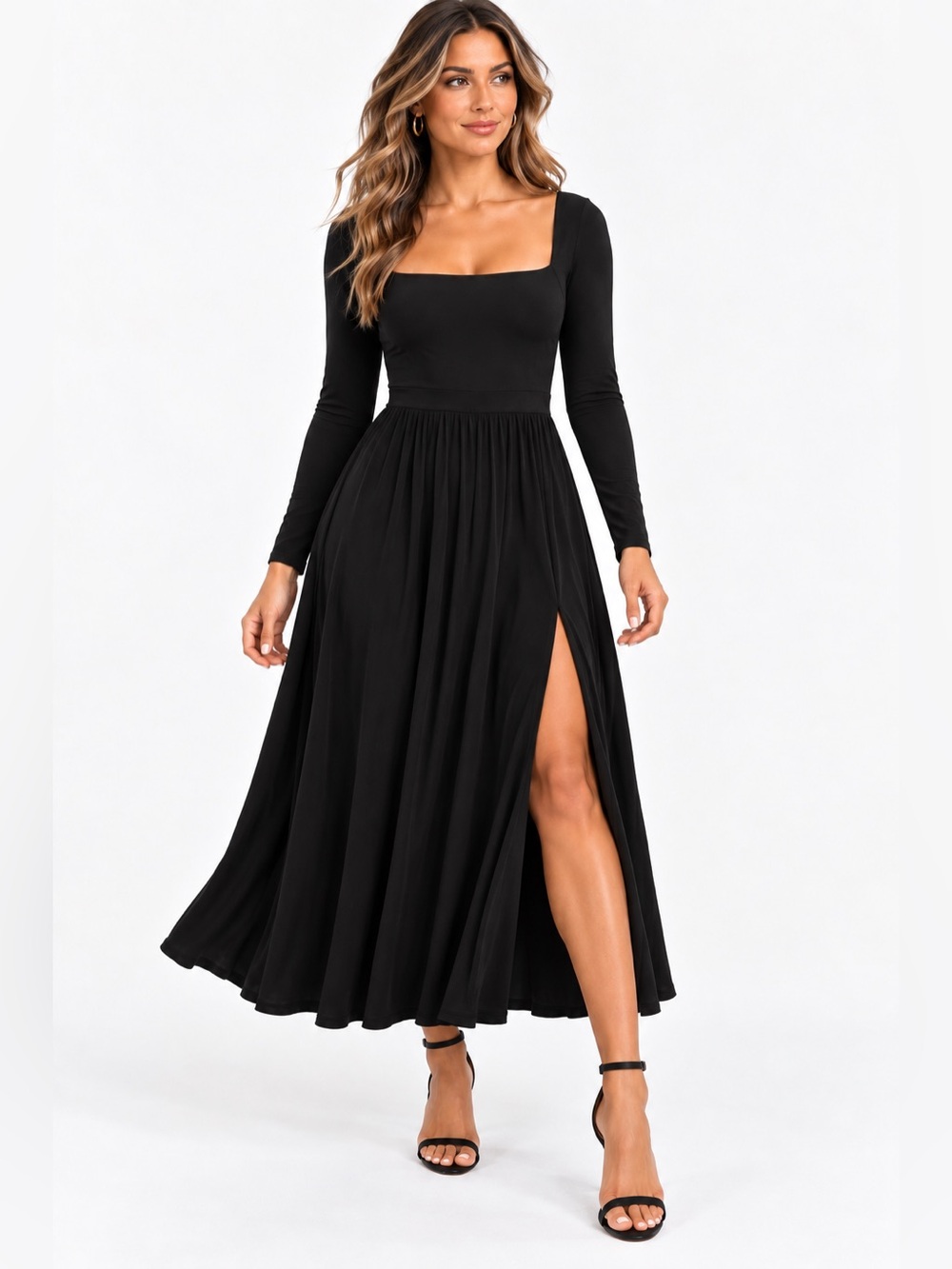 Wilfred Aritzia Market Long Sleeve Midi Dress Black Square Neck Fit & Flare M